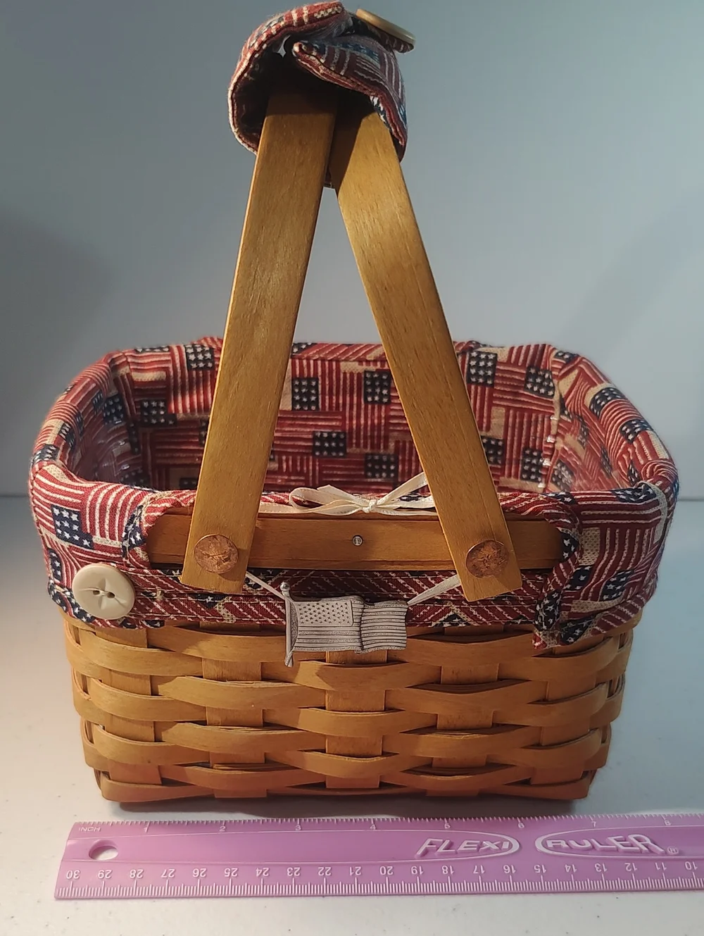 Longaberger Small Market Basket With Old Glory Liner, Flag Tie On, & Handle Tie